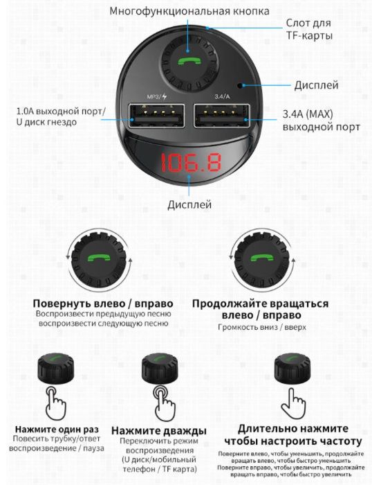 Блютуз FM-передатчик+зарядка USB(3.4 А) - (новое) - доставка