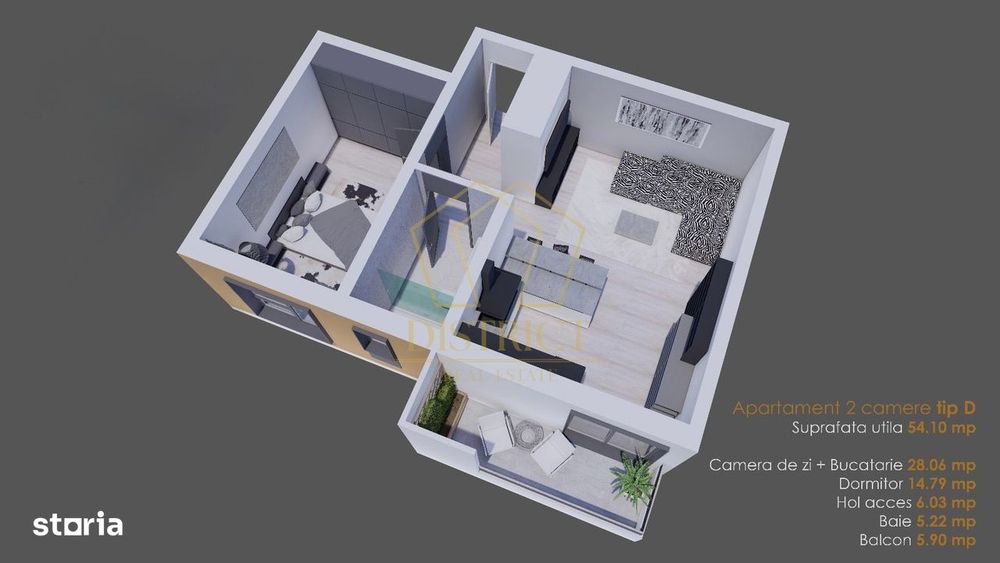 Apartament cu 2 camere, 54 mp utili la parter finalizat la asfalt in G