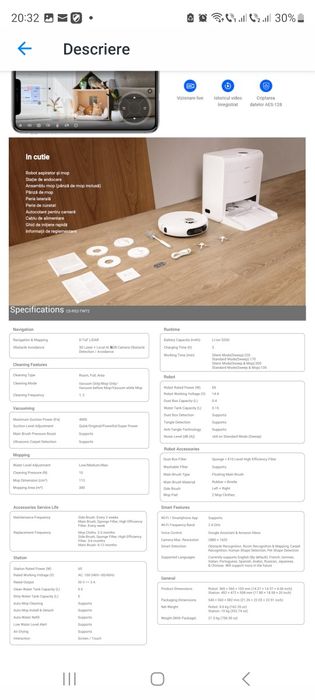 Aspirator Robot EZVIZ RS2 cu Mop detasabil, statie de andocare inclusa, 4000 PA, 5200 mAh Li-ion, Alb