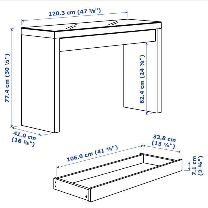 Тоалетка IKEA MALM бяла 120x41 см, с чекмедже и стъклен плот
