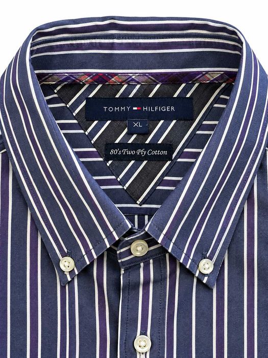 Cămașă Tommy Hilfiger bărbați, dungi bleumarin-alb-mov, 80’s Two Ply Cotton, mărimea XL