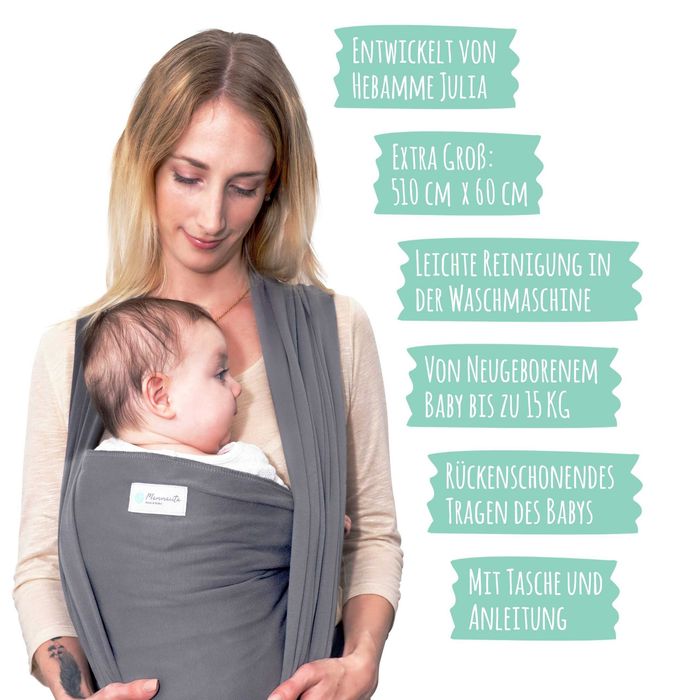 MAMMACITA® – Еластичен слинг за бебе, от раждането до 15 кг, 5 м, OEKO-TEX®, с чанта и инструкция