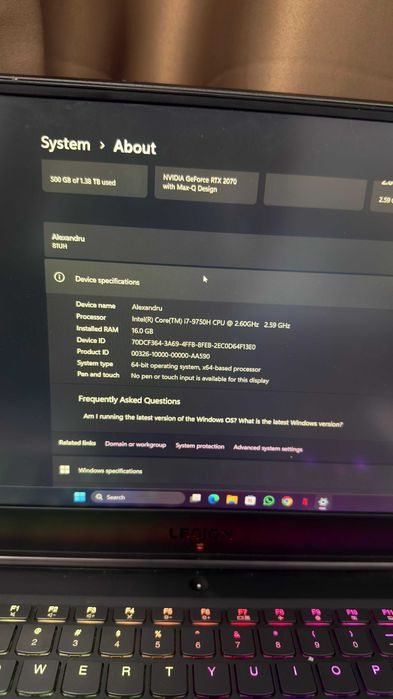 Laptop Lenovo Legion  Y740 RTX 2070 8GB/ i79750H/ 16GB/ SSD 1TB/ 143Hz