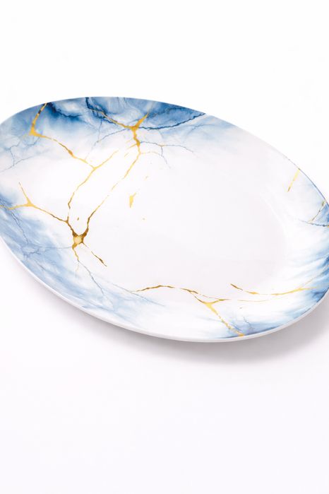 Set serviciu masa opal 32 piese, 6 persoane, alb cu model marmura gri si detalii aurii, farfurii si cesti incluse, model ONIX