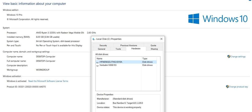 Acer Aspire 3 Ryzen Vega 3, 8gb ram, 256 ssd