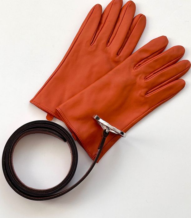 Оранжеви кожени ръкавици и подарък шал