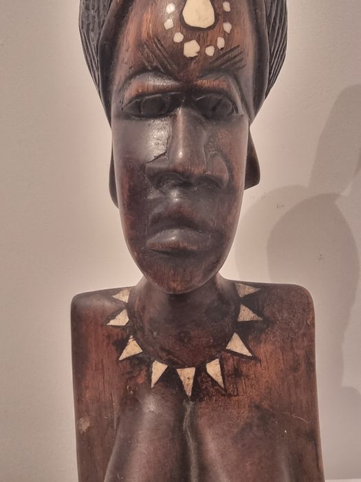 Sculptura lemn masiv bust femeie africana inserti fildes