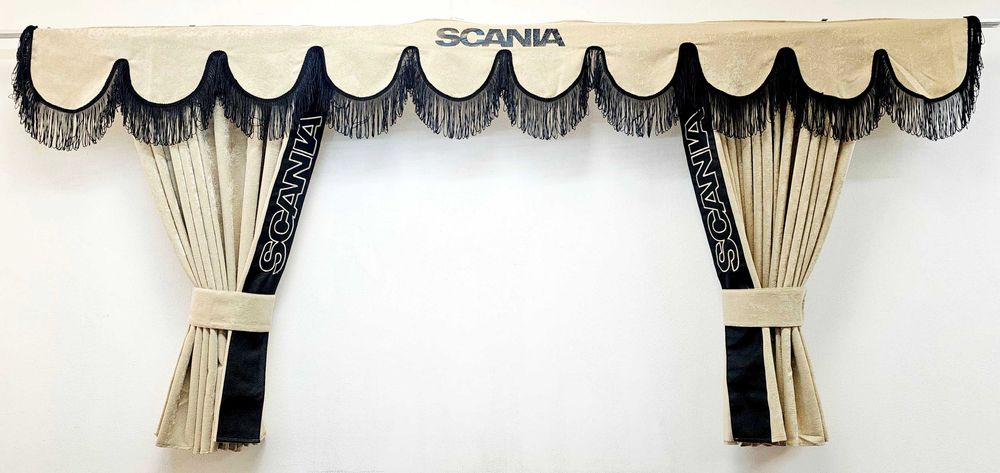 Бежови пердета за камиони SCANIA с кожена лента+кукички холандско чело