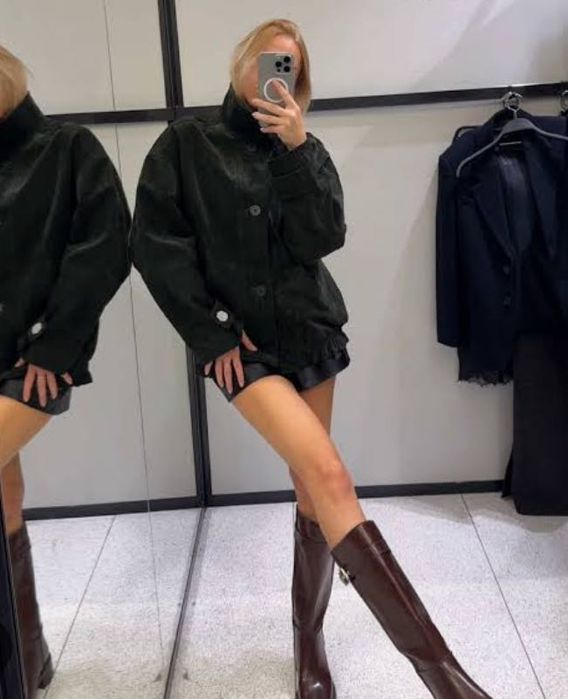Тъмно зелено яке Zara, естествен велур . Овърсайз модел
