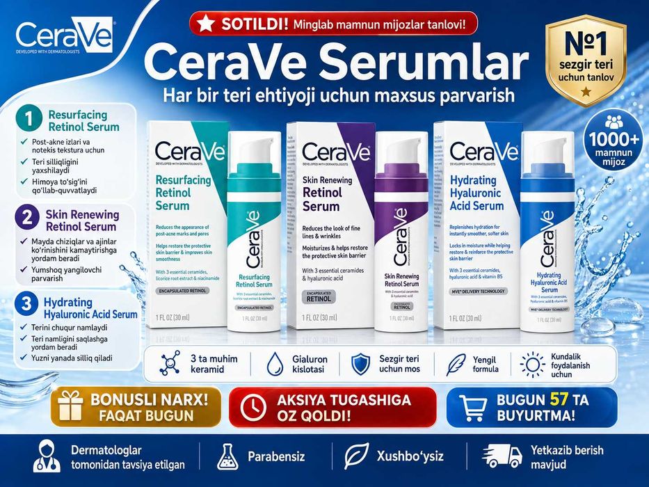 CeraVe Retinol,Hyaluronic Acid Serum-Yuz tozalash,yoshartirish,namlash