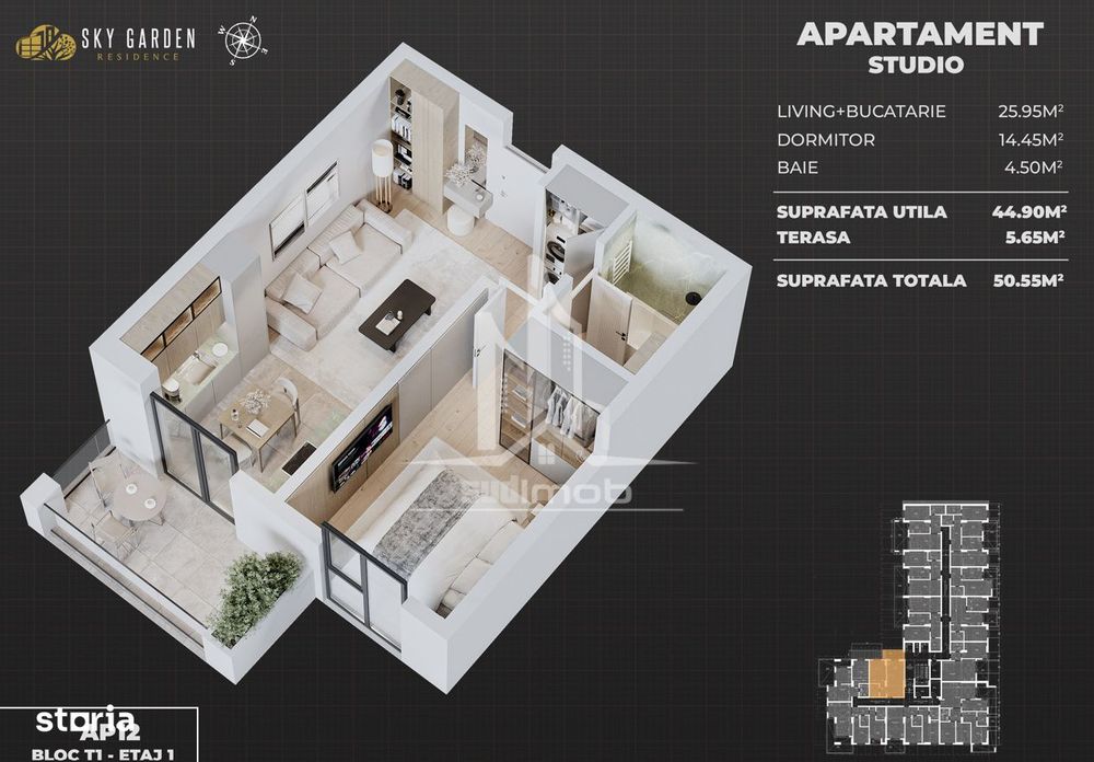 Apartament 2 camere tip studio Sky Garden.