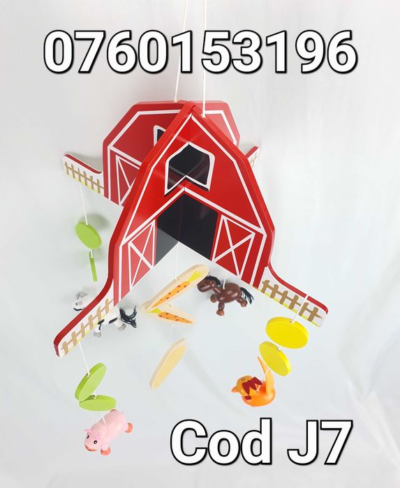 Carusel mobil din lemn cu ferma animalelor Pt patut la bebelusi - J7