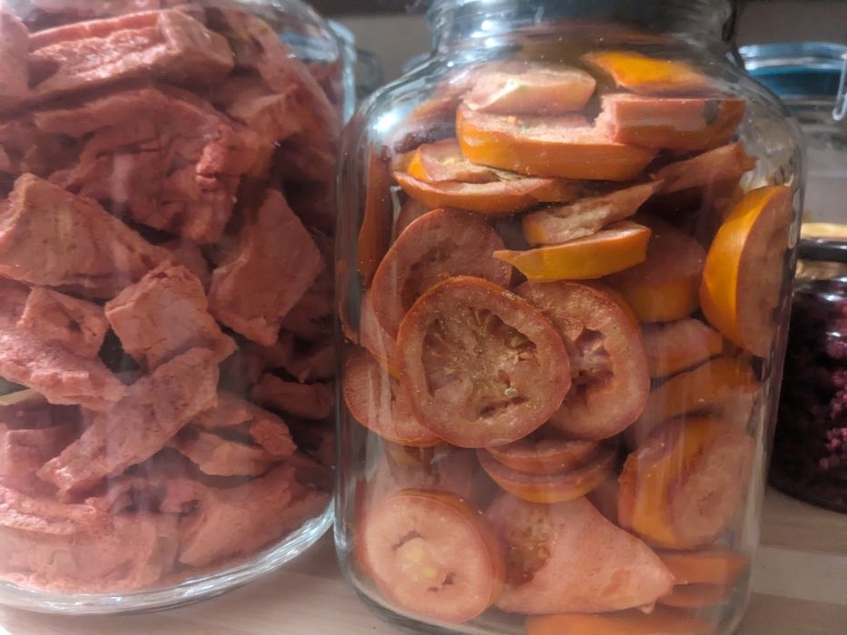 Fructe liofilizate, rosii, caise, pepene, morcovi, banane