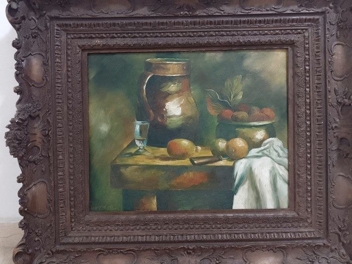 Superbă lucrare în ulei pe pânză natura statica foarte veche de dimens