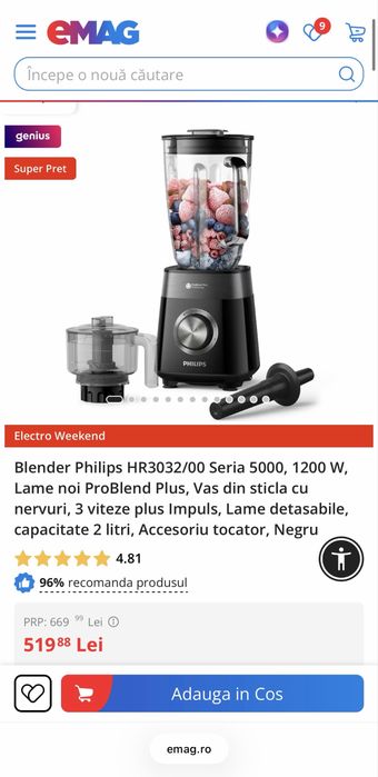 Blender Philips HR3032 Vas Sticla 2l - 1200 W garantie