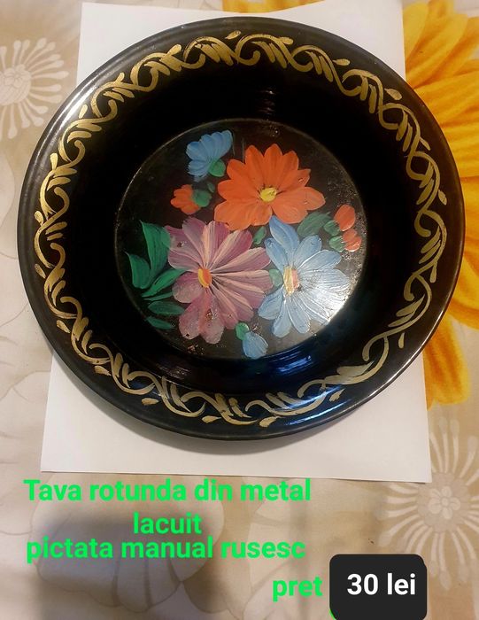 Tava rotunda din metal lacuit pictata manual