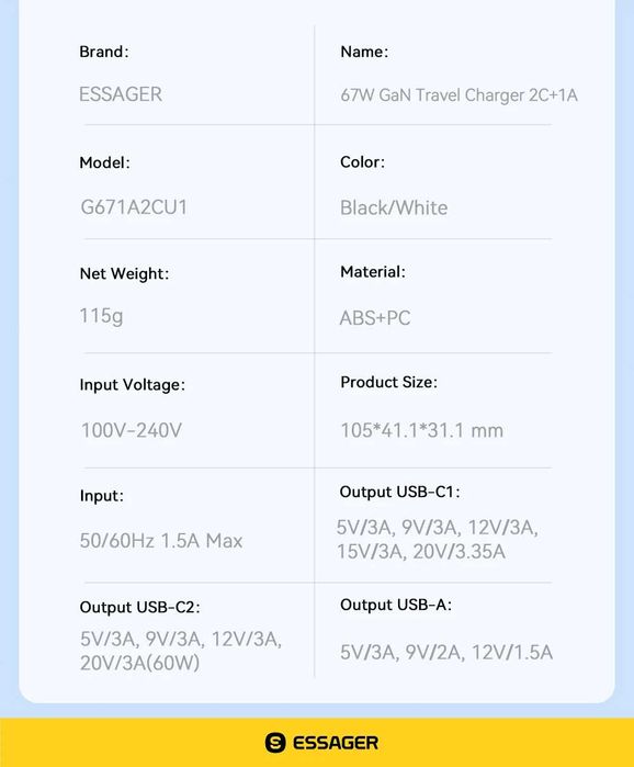 Мощно GaN Зарядно Essager 67W – Бързо зареждане за iPhone 16, Samsung