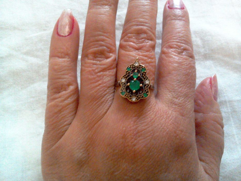 Inel vechi argint 925 marcat, smaralde și safire albe, mărime: 50/51