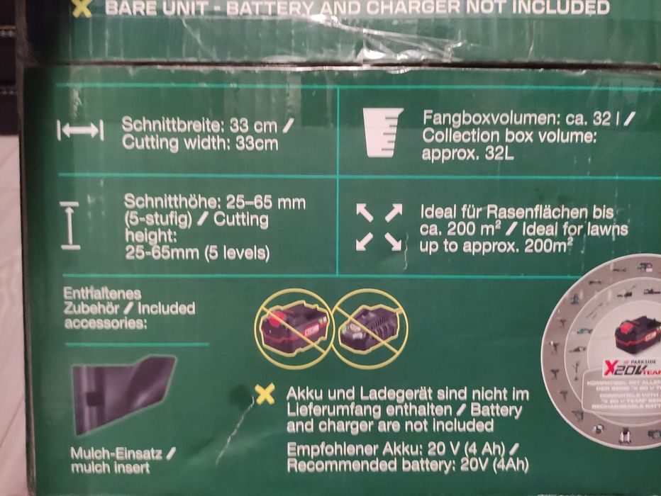 Masina de tuns iarba gazonul pe acumulator de 20 V Parkside
