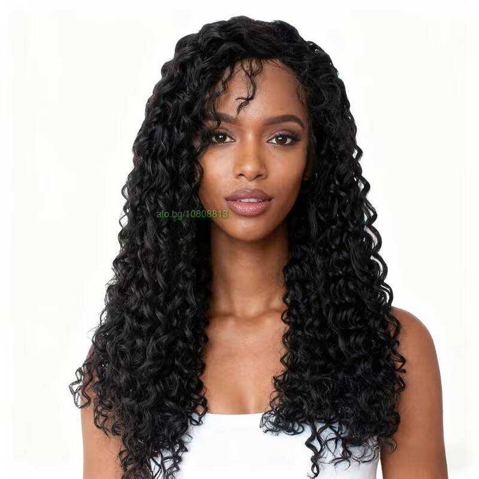 Черна афро къдрава перука с дантелена зона 13×4 - синтетична, 65 см
