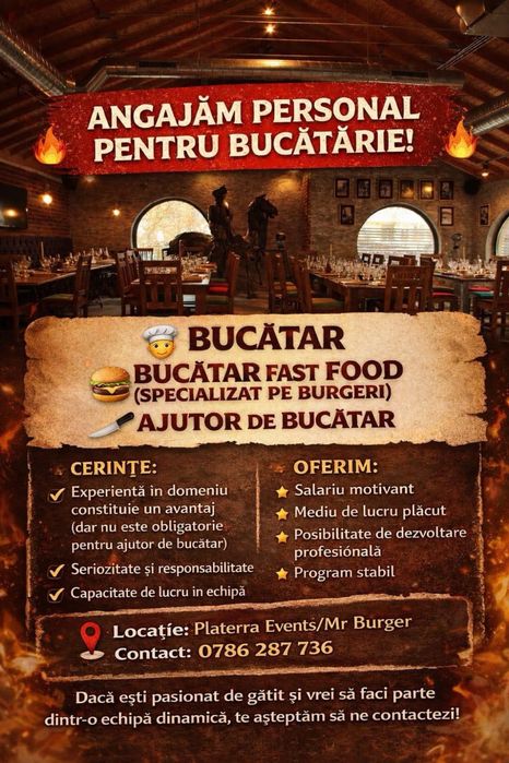 ANGAJAM PERSONAL BUCATARIE ( Ajutor Bucatar/Bucatar/Barman)