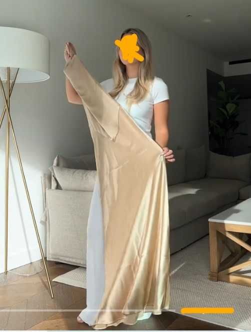 Zara rochie bej auriu lunga ocazie spate gol satin maxi eleganta nunta