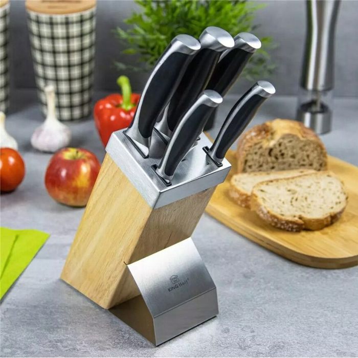 Set cutite Inox, 6 piese, suport patrat din lemn, maner ABS gri cu