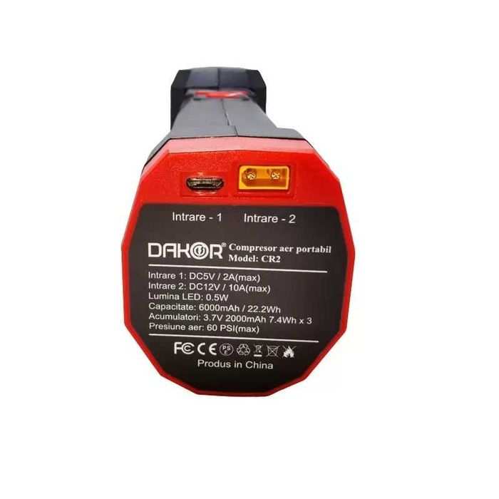 Pompa/compresor electric cu acumulator 6000mAh si alimentare priza auto, DAKOR CR2 60 PSI