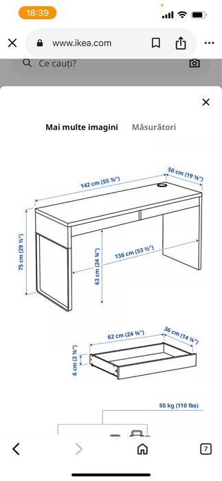 Birou Micke IKEA 142x50 cm