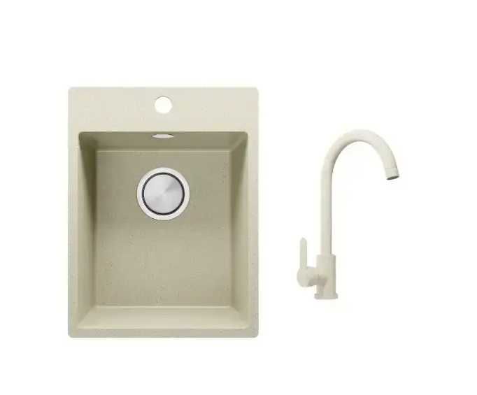 Гранитна мивка за кухня Рига + Смесител 5000 Бял -29% ПРОМО КОМПЛЕКТ