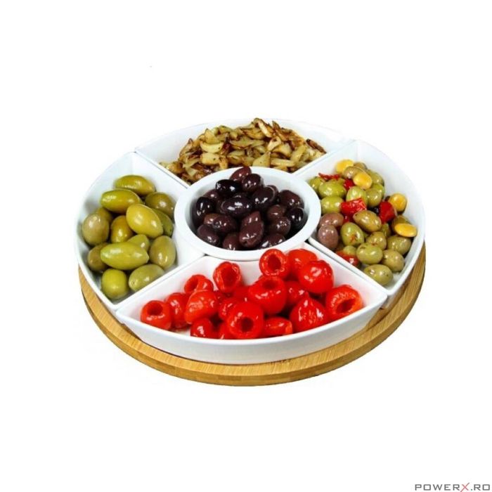 Set boluri pentru servire, din portelan, cu suport din bambus, 5