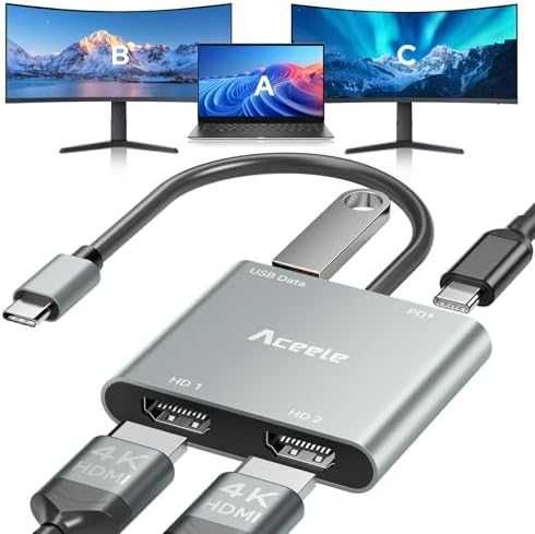 Нов 4 в 1 хъб USB-C към Dual HDMI адаптер 4K 60Hz за Windows MacBook Chromebook
