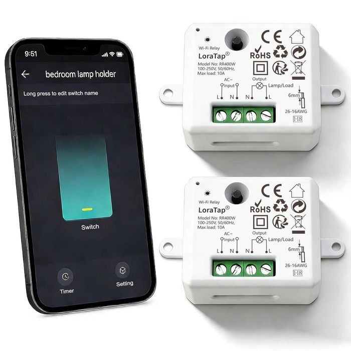 LoraTap WiFi интелигентен релеен модул, 2 броя, безжично дистанционно