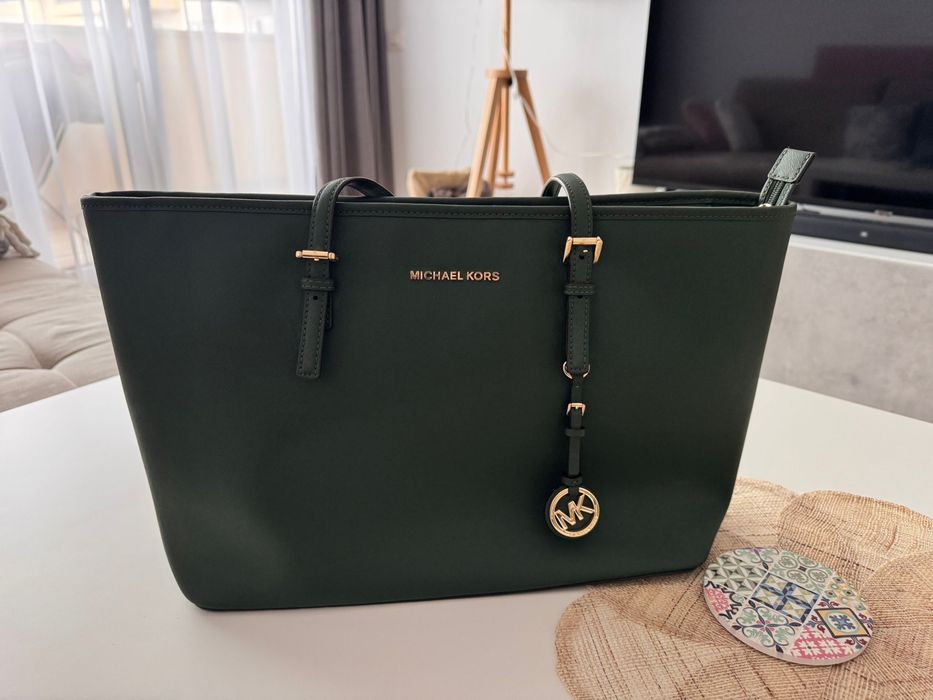 Geantă Michael Kors originală, piele Saffiano, verde oliv – Stare excelentă