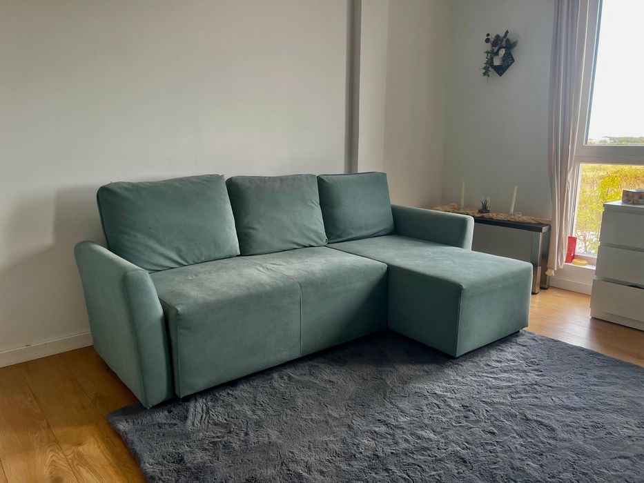 Canapea turcoaz extensibilă cu șezlong și ladă de depozitare