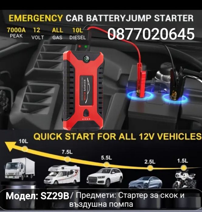 Комплект стартерно устройство,  Jump starter за кола + компресор.4 USB