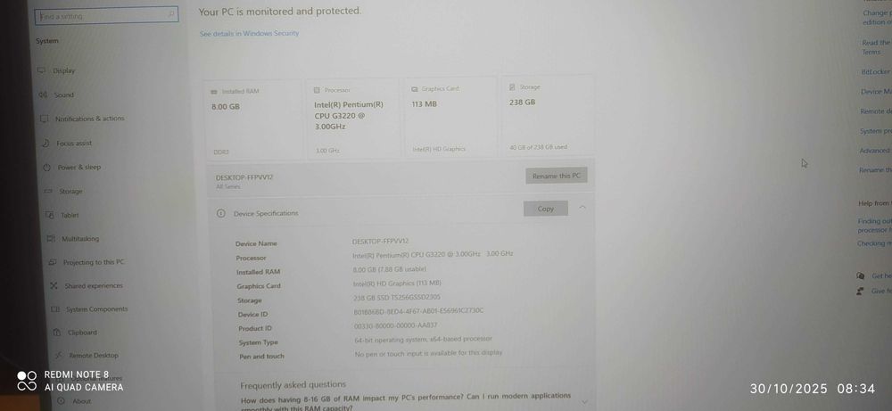 Настолен компютър Intel Pentium G3220 3.00 GHz 8 GB RAM, SSD 256 GB