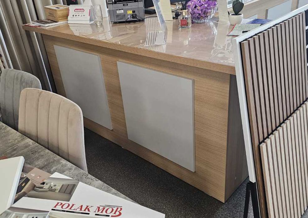 Birou Frontdesk 200x80x90 cm pal, rafturi interior, blat dublu