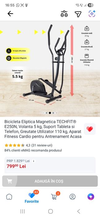 Bicicleta eliptica Techfit, 8 viteze,ca si noua!