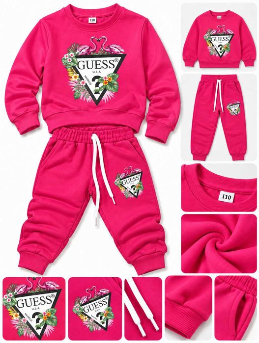 Детски комплект с щампа GUESS, циклама блуза и циклама долнище памучно, 1-6 години