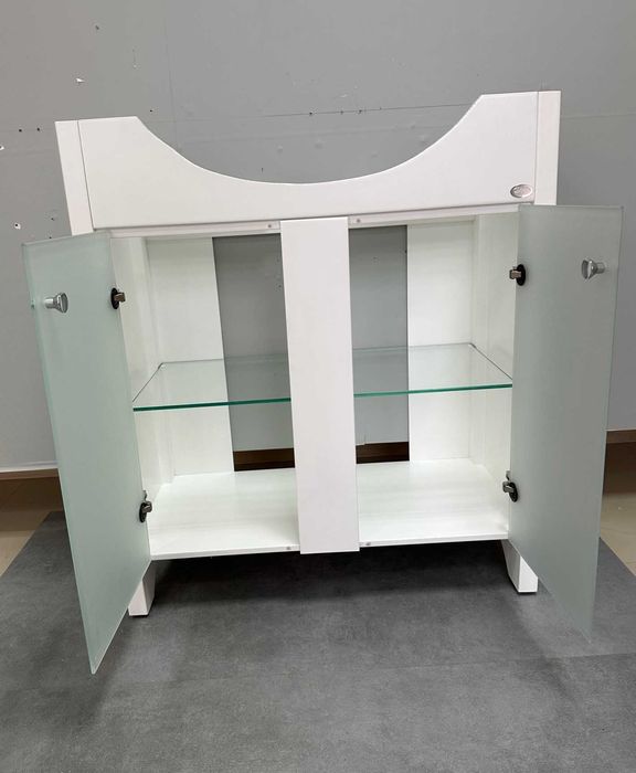 Бял долен шкаф за баня 75 см със стъклени врати - мивка маями