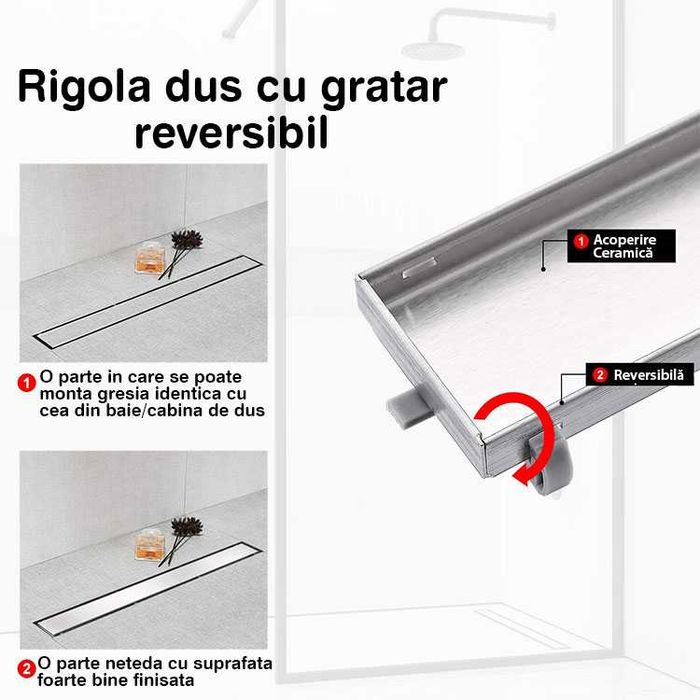 Rigola Dus inox 2in1 faiantabila - 40/ 50/ 60/ 70/ 80/ 90/ 100/ 120cm