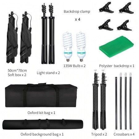 Kit foto 2 softbox,suport fundal 2x2 m,panza fundal verde+2x bec 150W