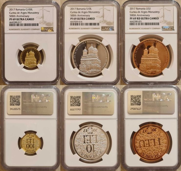 Set 3 monede BNR, aur, argint, tombac Curtea de Argeș gradate NGC PF69