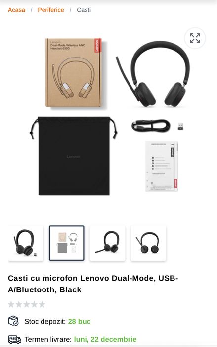 Casti cu microfon Lenovo Dual-Mode, USB-A/Bluetooth, Black. Sigilate