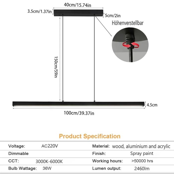 Линейна черна LED лампа 100/120см димируема с дистанционно