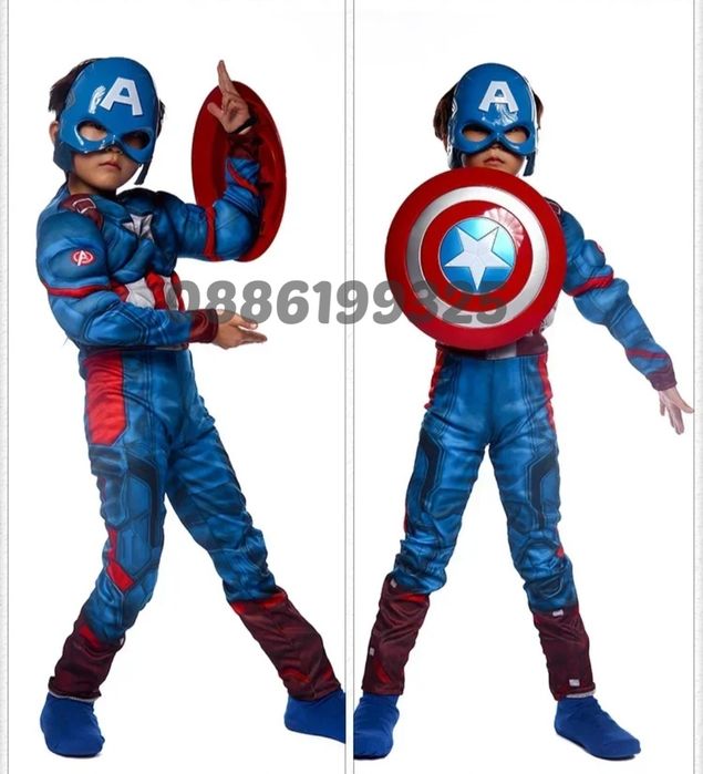 Детски костюм на Капитан Америка С мускули, маска и щит, Костюм за дец