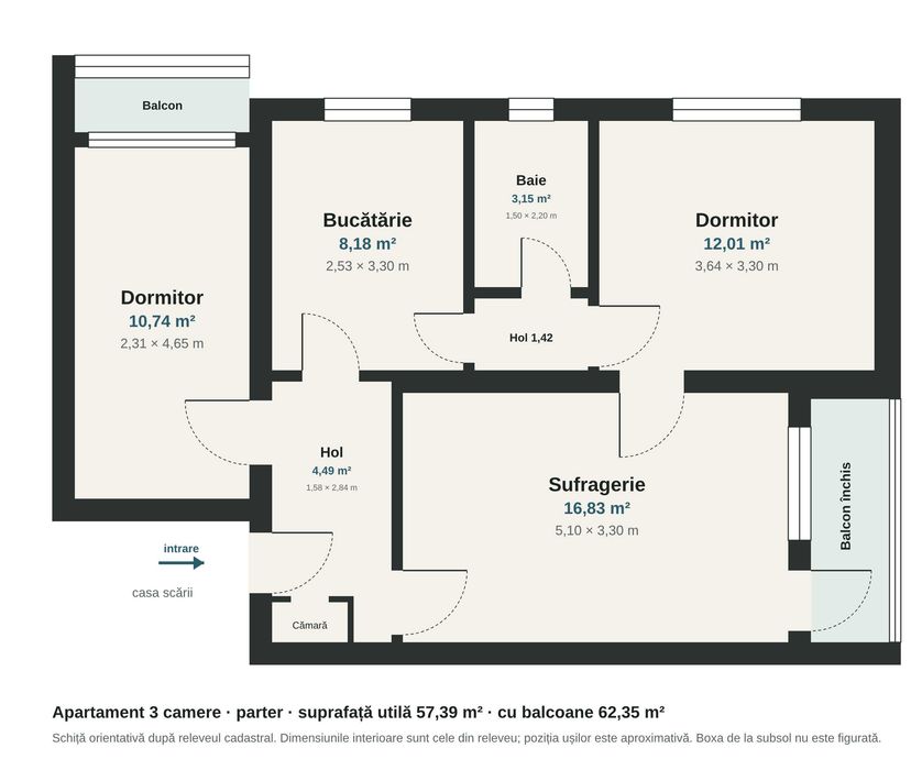 Apartament 3 camere decomandat, parter, mobilat, boxă, zona 5 Calarasi / Farfuria