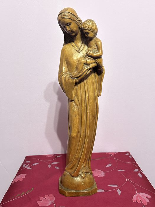 Statuetă vintage din lemn masiv – Maica Domnului cu Pruncul