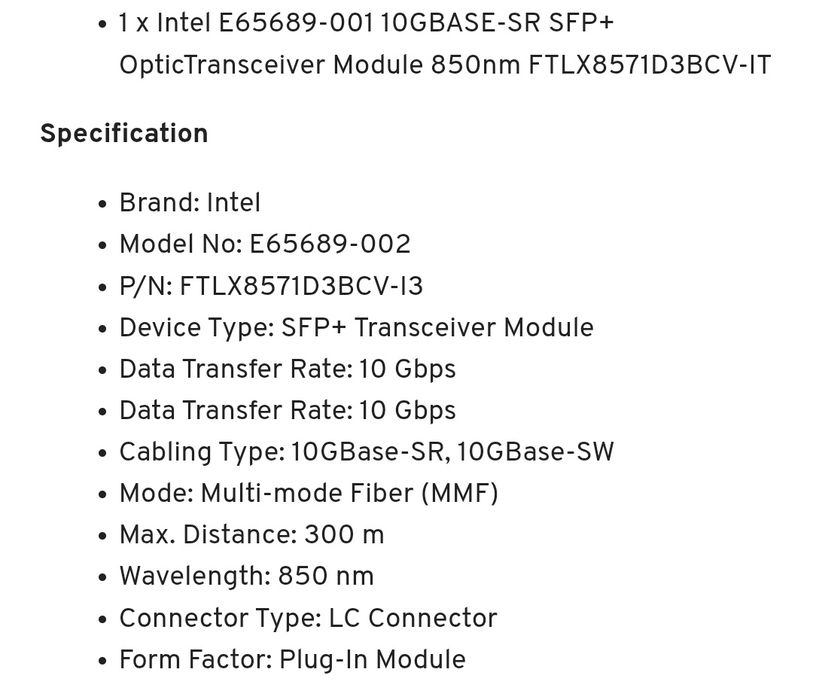 Transceiver  Intel Finisar 10G SR SW LC 300m FTLX8571D3BCV-IT SFP+